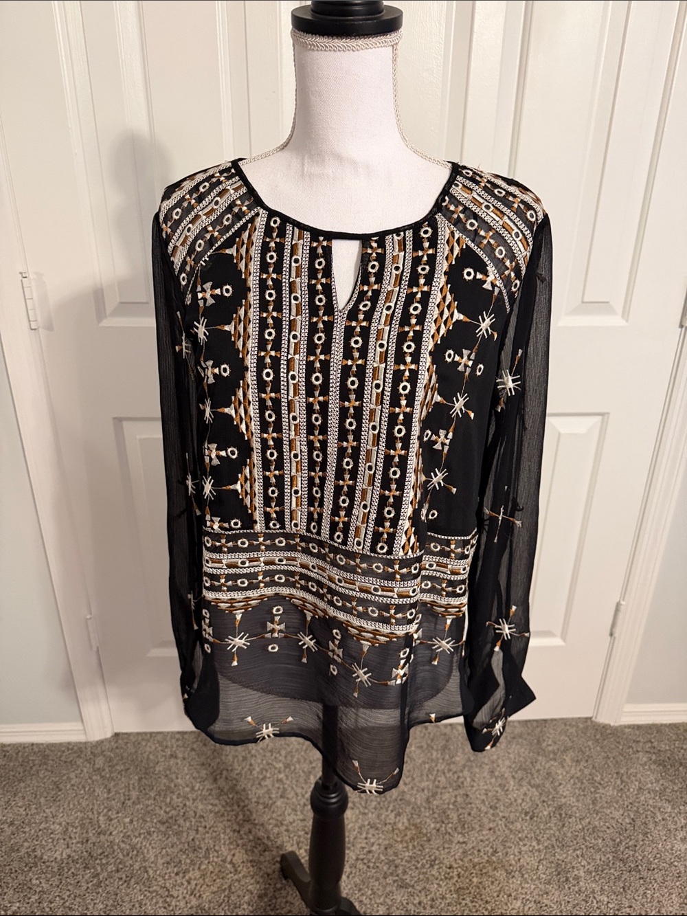 Matty M Black Sheer Long-Sleeve Embroidered Peasant Top